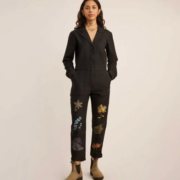 Roark Pants - Roark Layover Jumpsuit Zip Front Black Floral Print Utility One Piece Size M